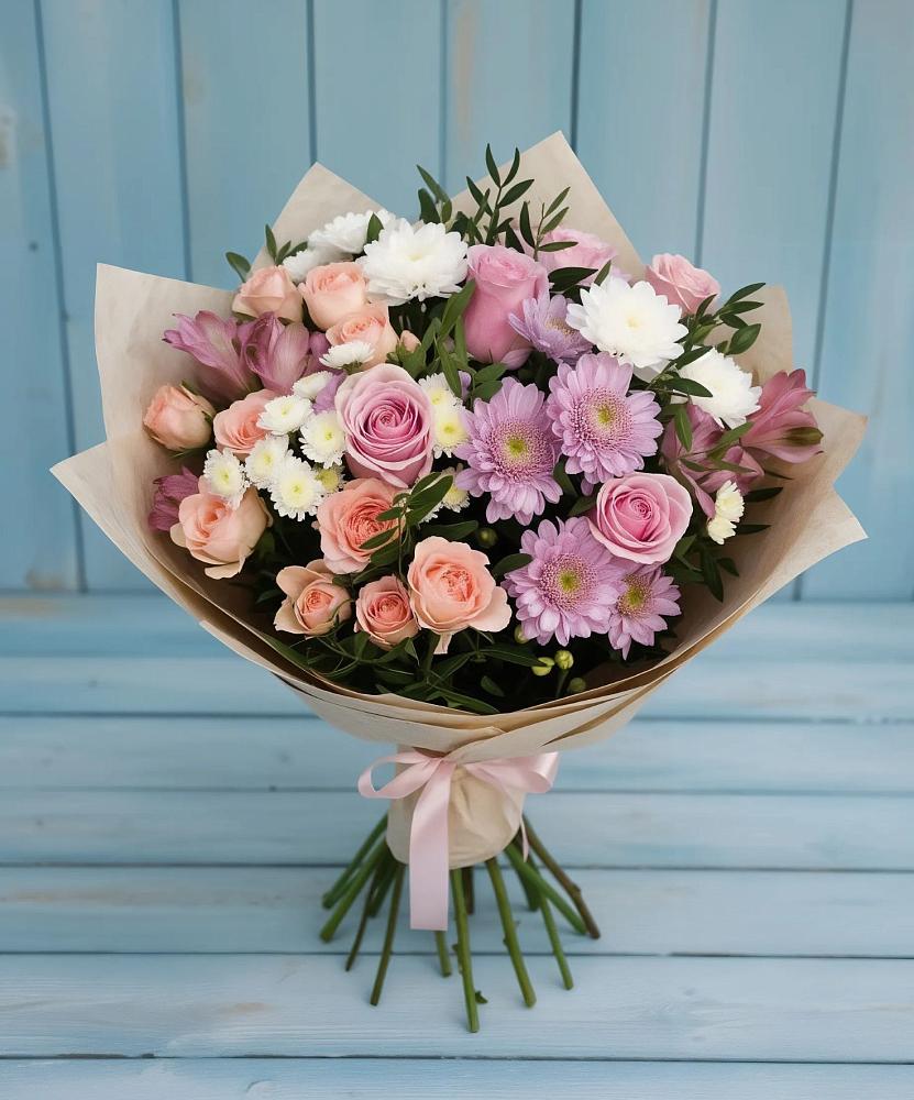 Букет цветов из: Хризантемы, Розы и Альстромерии в Лаголово