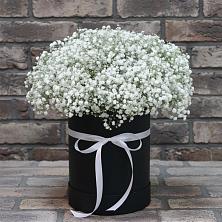 Цветочная композиция из Гипсофила в шляпной коробке в Лаголово