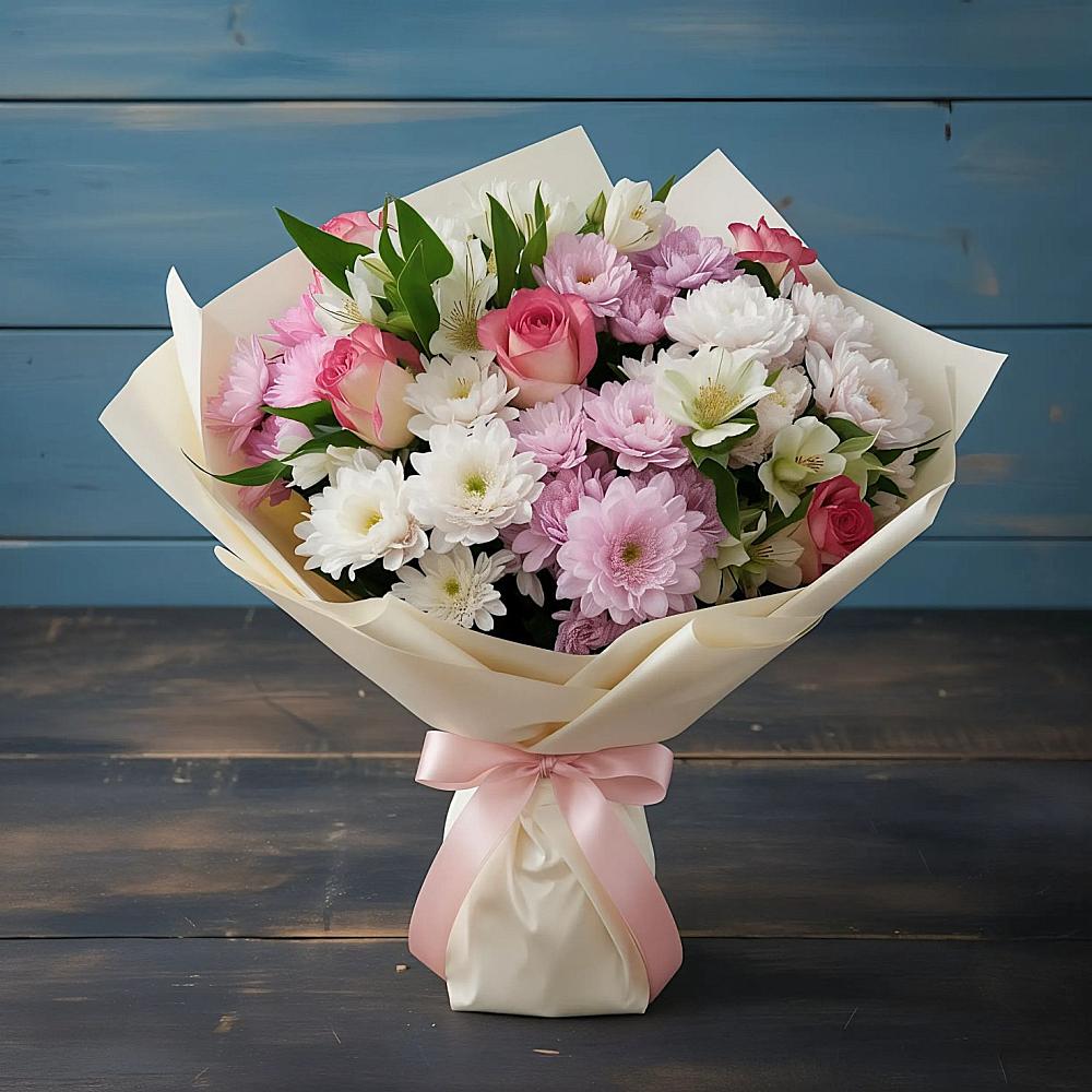 Букет цветов из: Хризантемы, Альстромерии и Розы в Лаголово